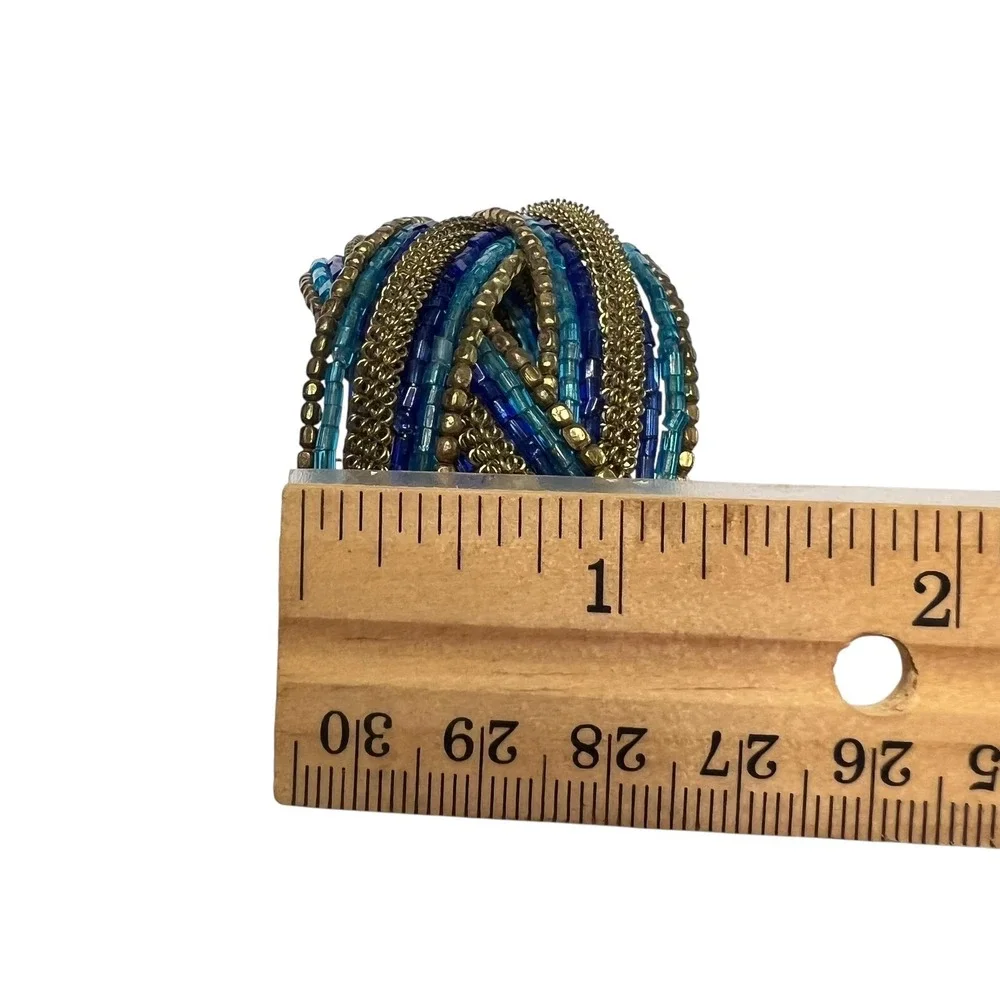 Beaded Cuff Bracelet Blue Gold Tone Statement‎ Bohemian Fashion Jewelry